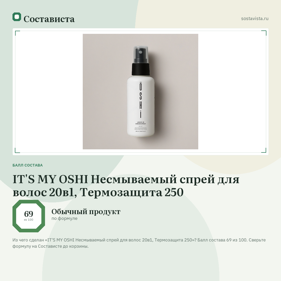 IT'S MY OSHI Несмываемый спрей для волос 20в1, Термозащита 250: балл состава 69 из 100 — Состависта