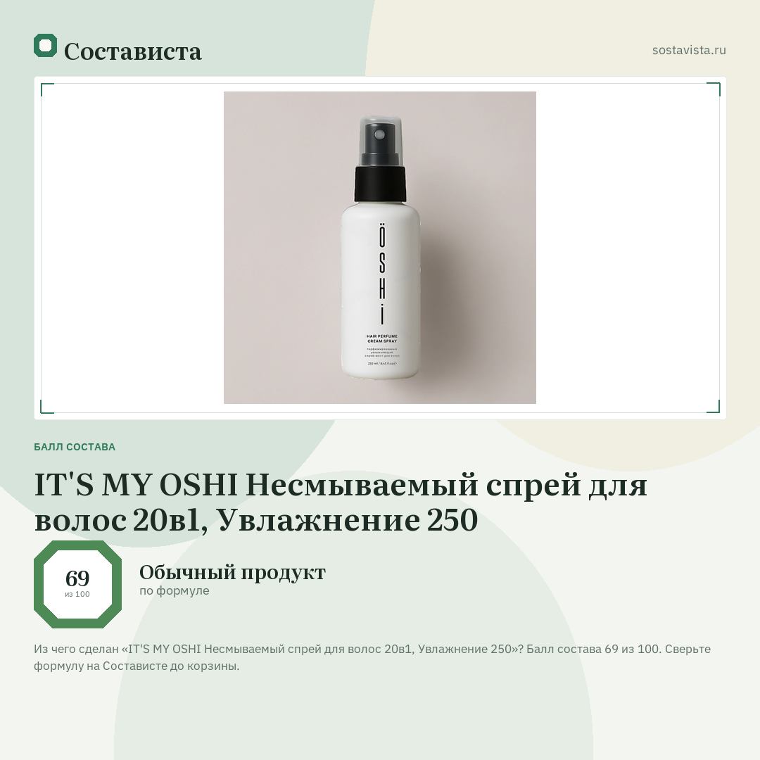 IT'S MY OSHI Несмываемый спрей для волос 20в1, Увлажнение 250: балл состава 69 из 100 — Состависта
