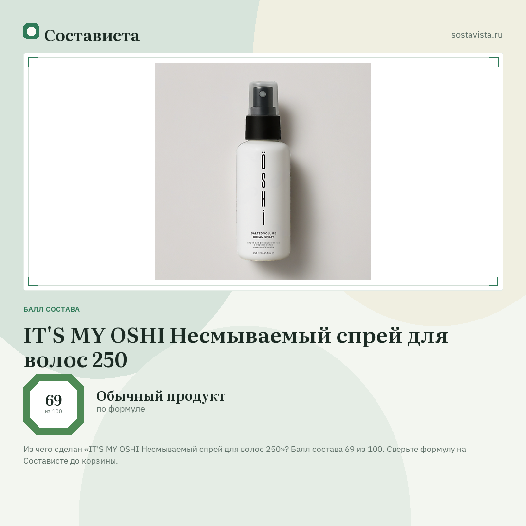 IT'S MY OSHI Несмываемый спрей для волос 250: балл состава 69 из 100 — Состависта