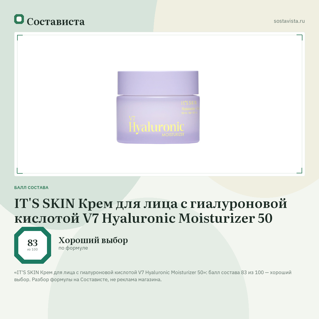 IT'S SKIN Крем для лица с гиалуроновой кислотой V7 Hyaluronic Moisturizer 50: балл состава 83 из 100 — Состависта