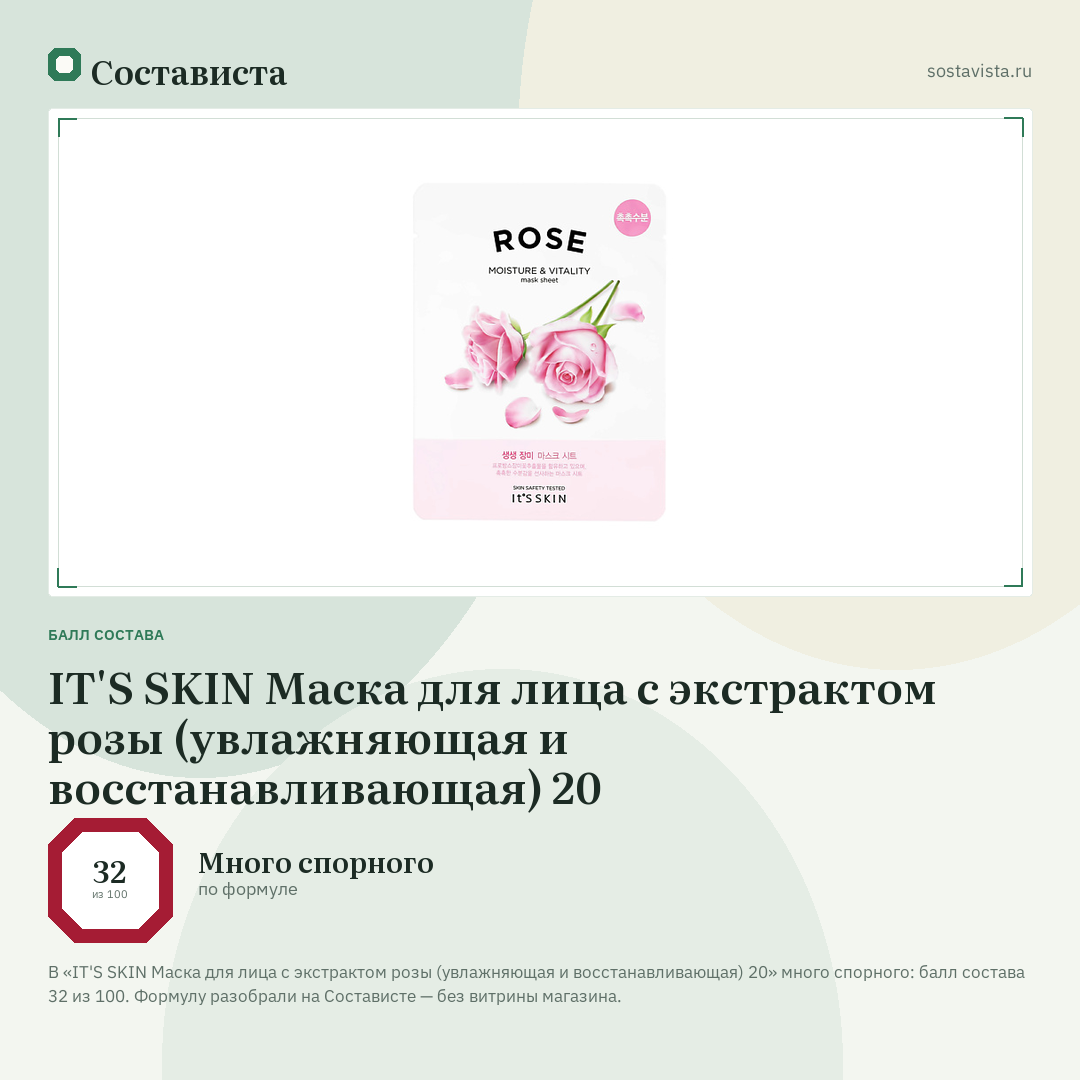 IT'S SKIN Маска для лица с экстрактом розы (увлажняющая и восстанавливающая) 20: балл состава 32 из 100 — Состависта
