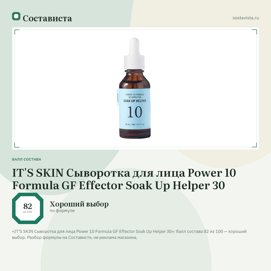 IT'S SKIN Сыворотка для лица Power 10 Formula GF Effector Soak Up Helper 30: балл состава 82 из 100 — Состависта