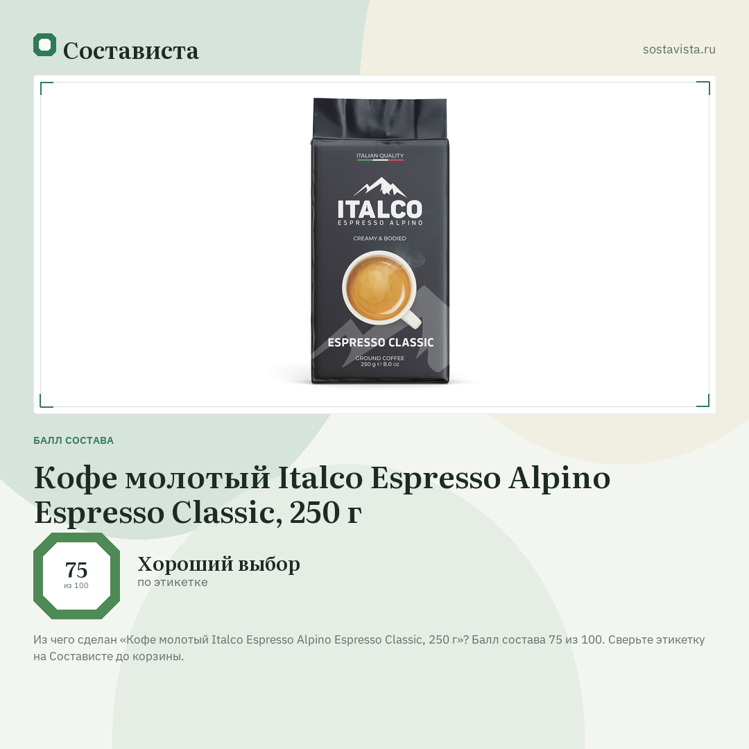 Кофе молотый Italco Espresso Alpino Espresso Classic, 250 г: балл состава 75 из 100 — Состависта