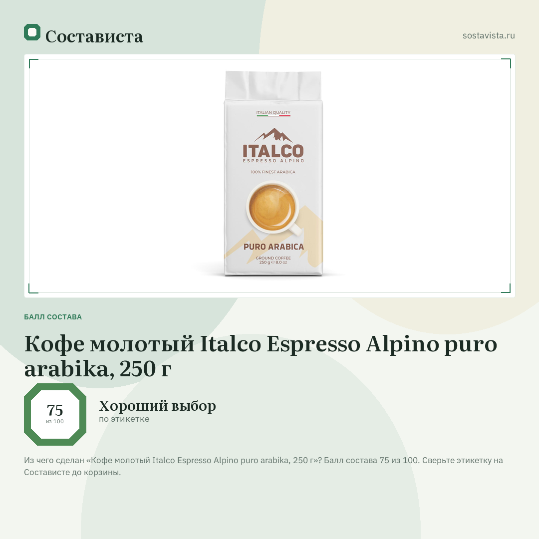 Кофе молотый Italco Espresso Alpino puro arabika, 250 г: балл состава 75 из 100 — Состависта