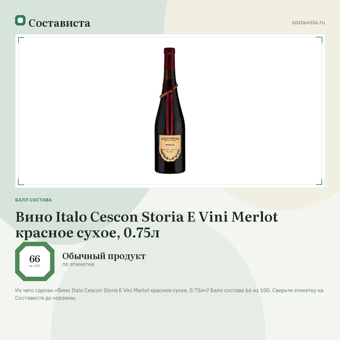 Вино Italo Cescon Storia E Vini Merlot красное сухое, 0.75л: балл состава 66 из 100 — Состависта