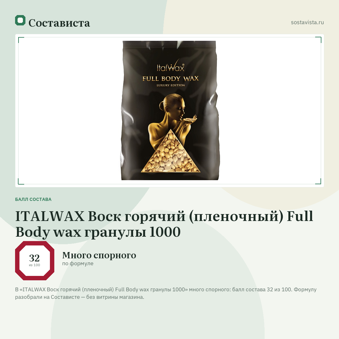 ITALWAX Воск горячий (пленочный) Full Body wax гранулы 1000: балл состава 32 из 100 — Состависта