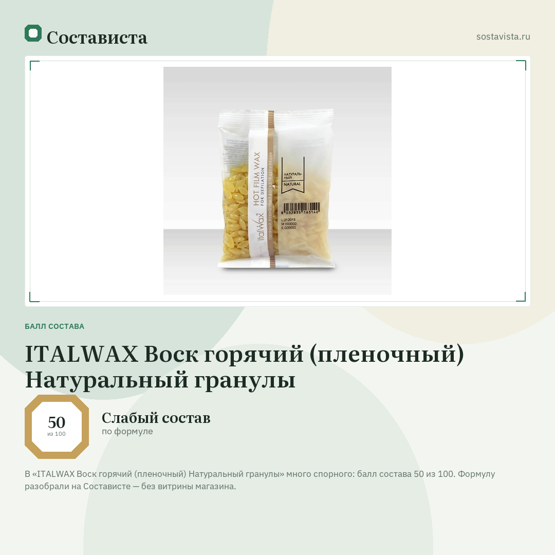 ITALWAX Воск горячий (пленочный) Натуральный гранулы: балл состава 50 из 100 — Состависта