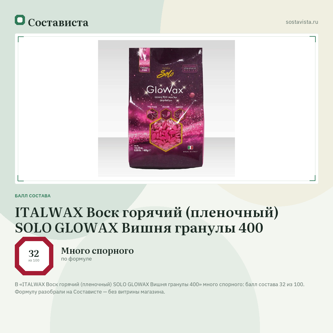 ITALWAX Воск горячий (пленочный) SOLO GLOWAX Вишня гранулы 400: балл состава 32 из 100 — Состависта