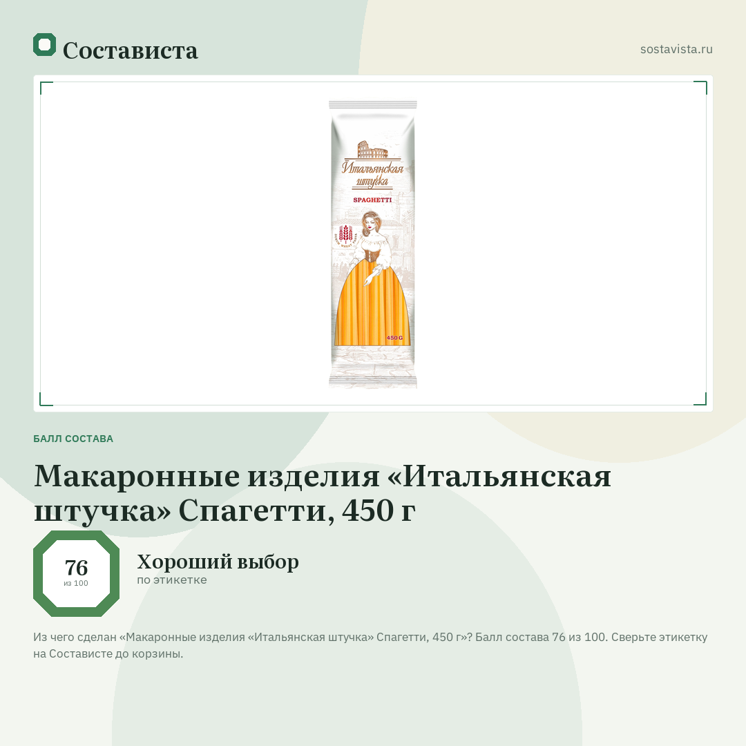Макаронные изделия «Итальянская штучка» Спагетти, 450 г: балл состава 76 из 100 — Состависта
