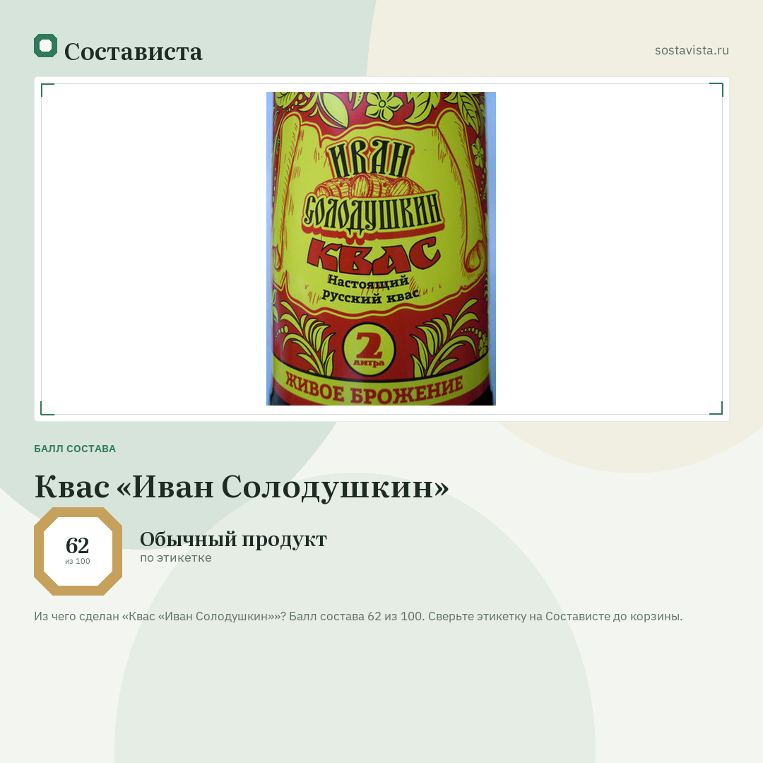 Квас «Иван Солодушкин»: балл состава 62 из 100 — Состависта