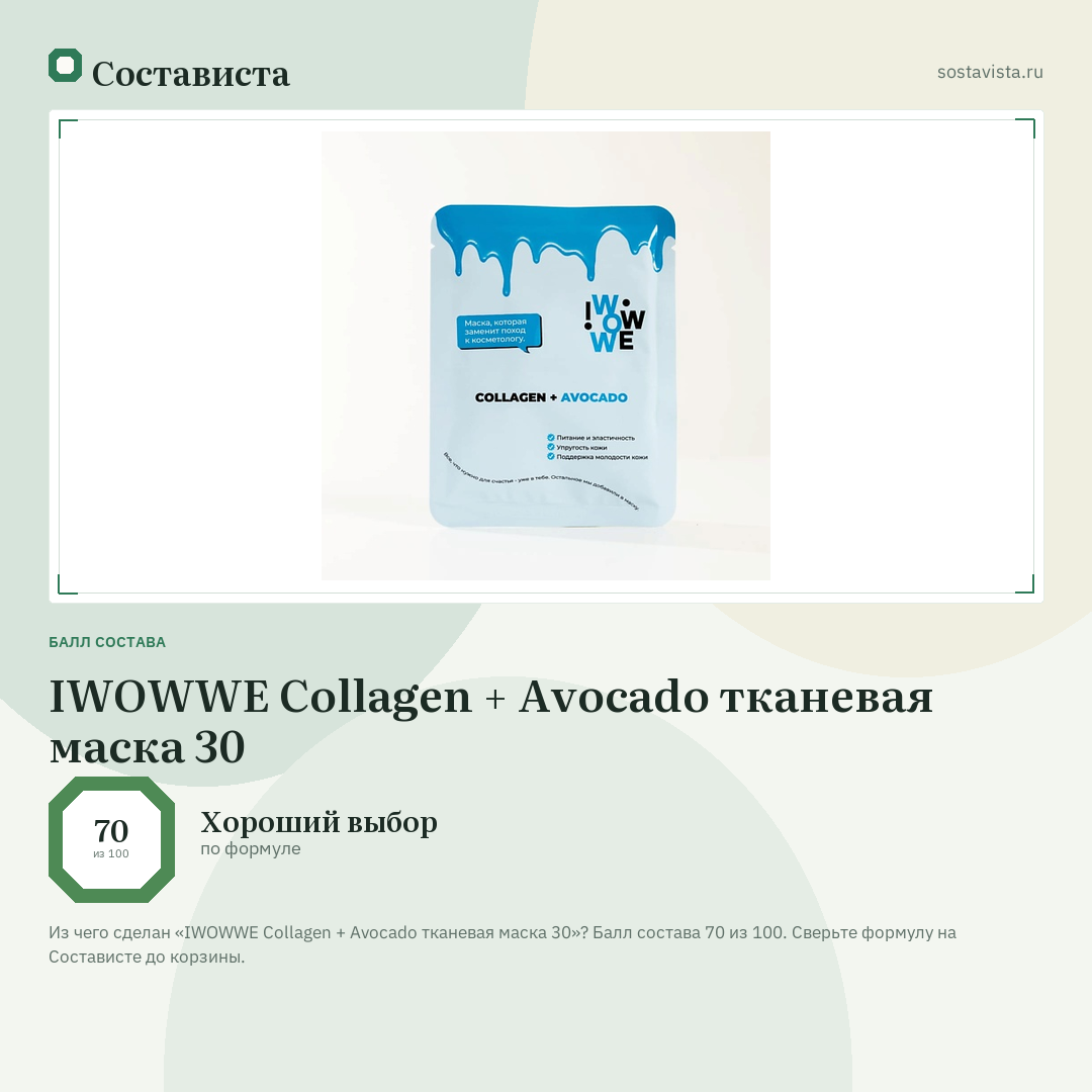 IWOWWE Collagen + Avocado тканевая маска 30: балл состава 70 из 100 — Состависта