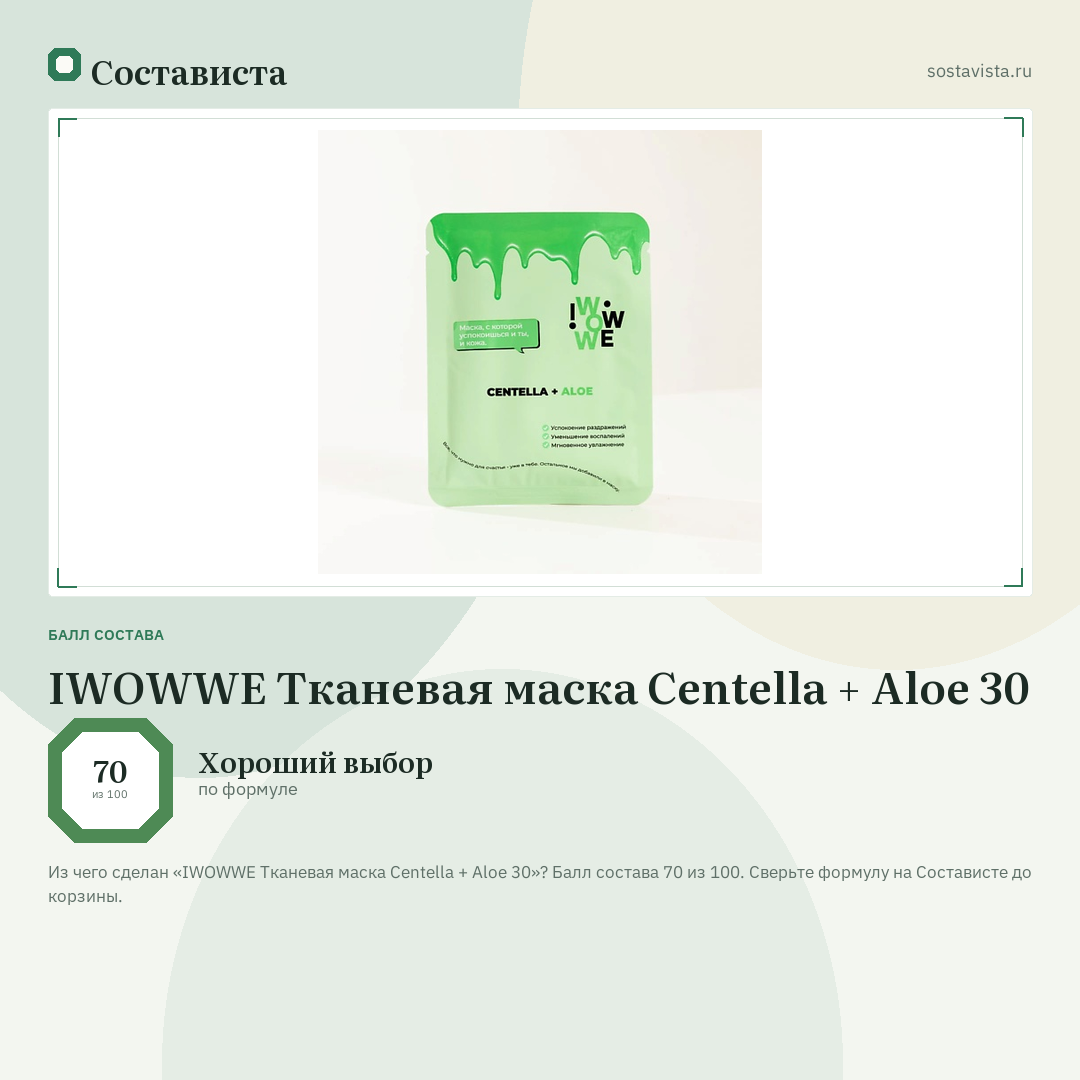 IWOWWE Тканевая маска Centella + Aloe 30: балл состава 70 из 100 — Состависта