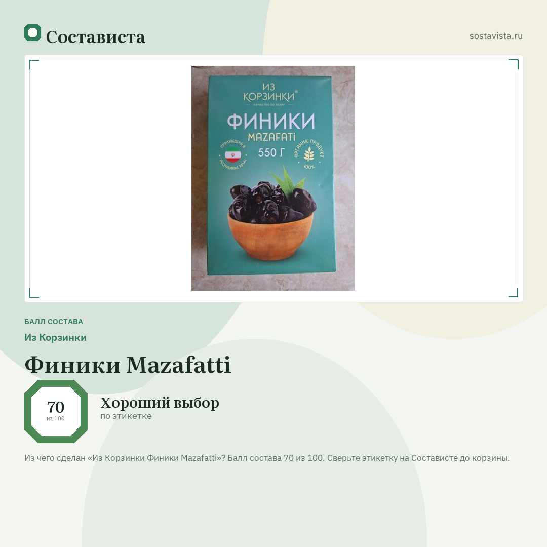 Из Корзинки Финики Mazafatti: балл состава 70 из 100 — Состависта