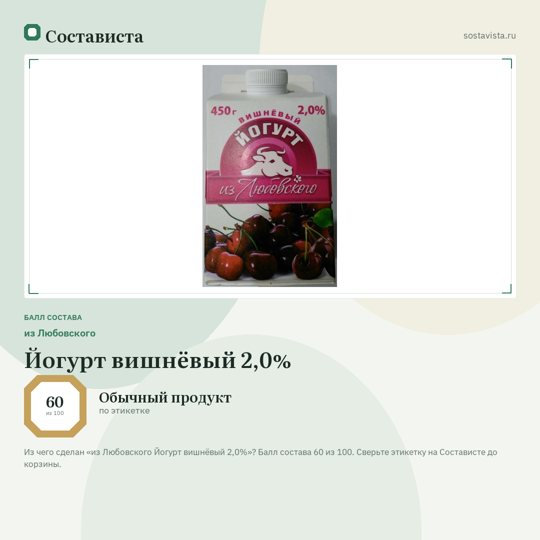 из Любовского Йогурт вишнёвый 2,0%: балл состава 60 из 100 — Состависта