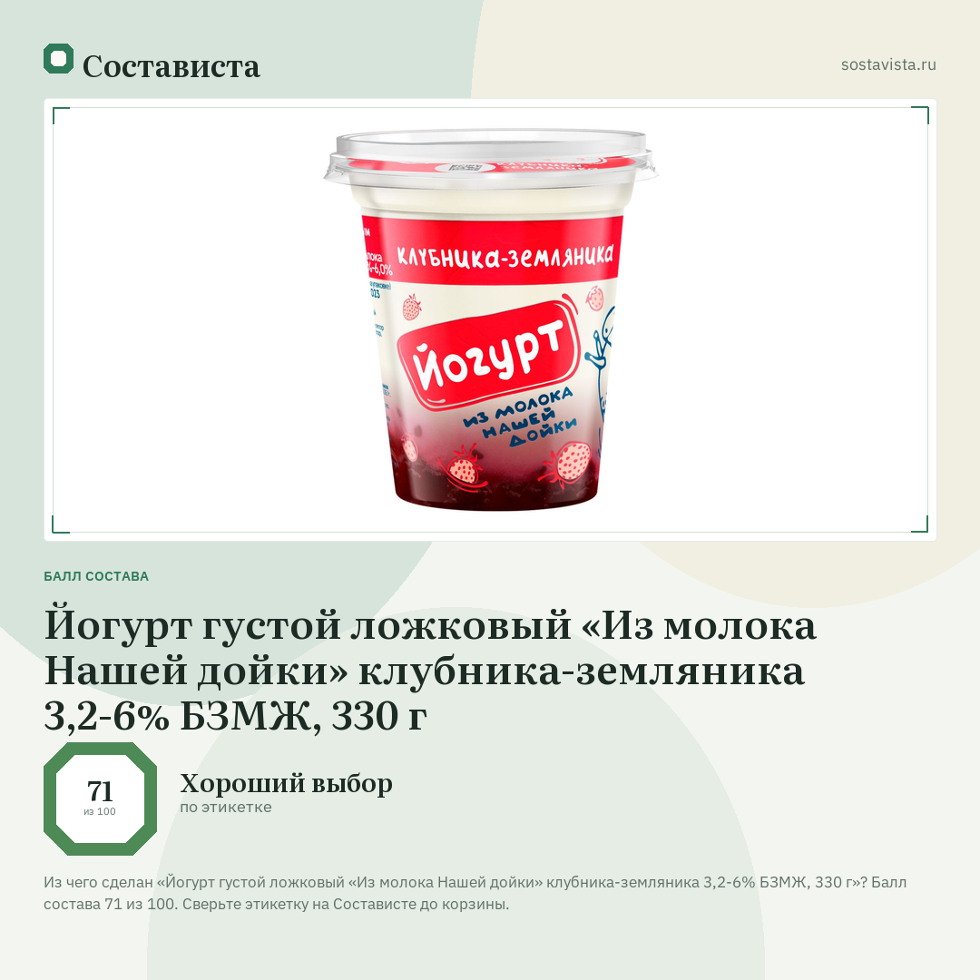 Йогурт густой ложковый «Из молока Нашей дойки» клубника-земляника 3,2-6% БЗМЖ, 330 г: балл состава 71 из 100 — Состависта