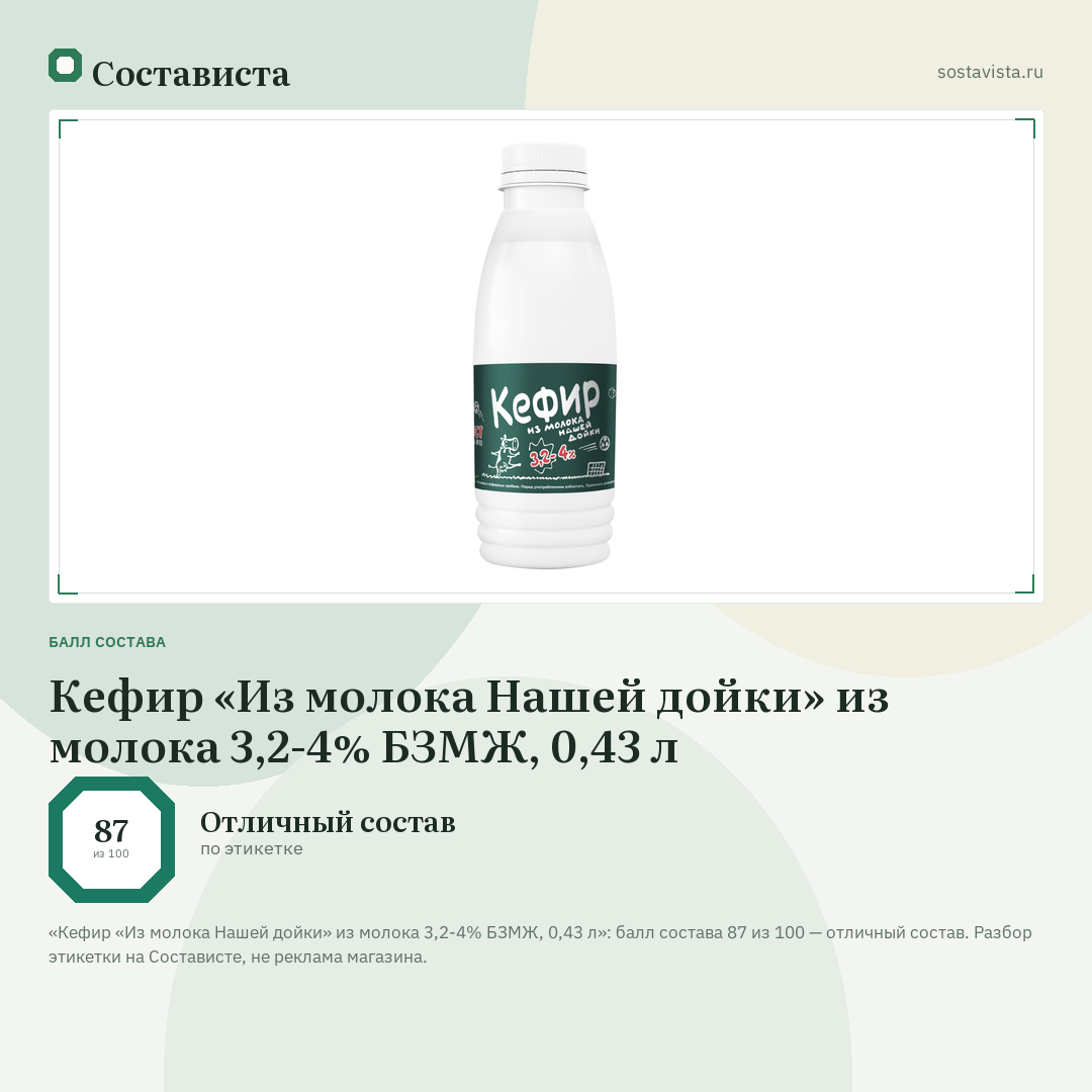 Кефир «Из молока Нашей дойки» из молока 3,2-4% БЗМЖ, 0,43 л: балл состава 87 из 100 — Состависта