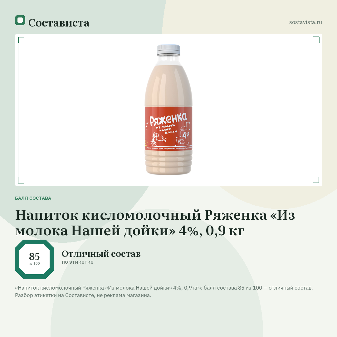 Напиток кисломолочный Ряженка «Из молока Нашей дойки» 4%, 0,9 кг: балл состава 85 из 100 — Состависта