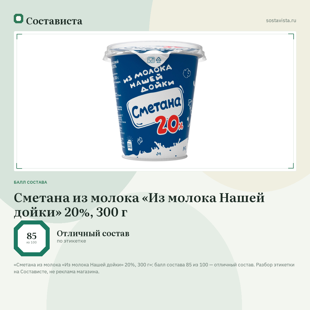 Сметана из молока «Из молока Нашей дойки» 20%, 300 г: балл состава 85 из 100 — Состависта
