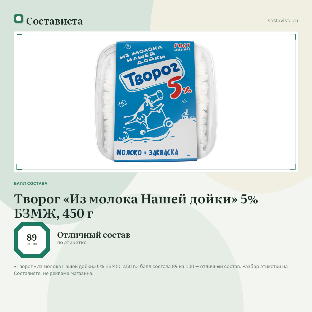 Творог «Из молока Нашей дойки» 5% БЗМЖ, 450 г: балл состава 89 из 100 — Состависта