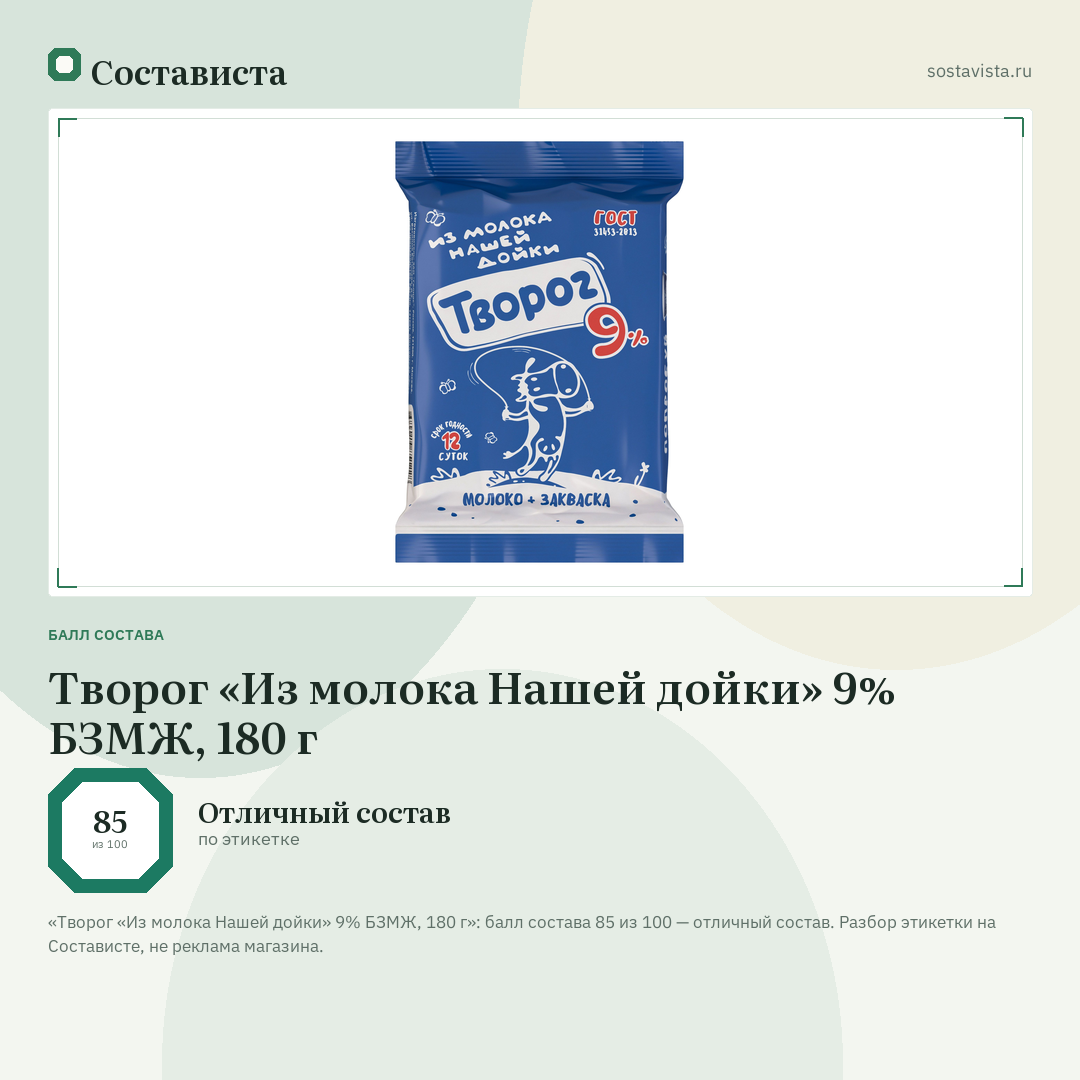 Творог «Из молока Нашей дойки» 9% БЗМЖ, 180 г: балл состава 85 из 100 — Состависта