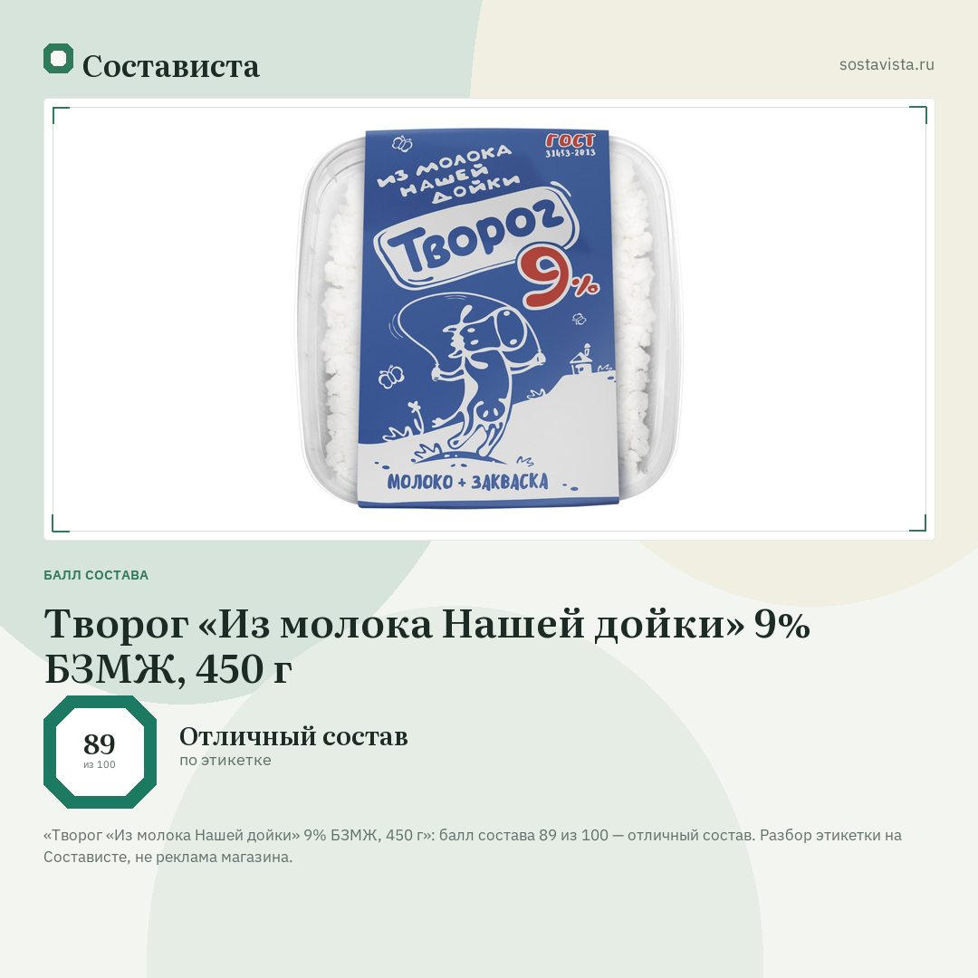 Творог «Из молока Нашей дойки» 9% БЗМЖ, 450 г: балл состава 89 из 100 — Состависта