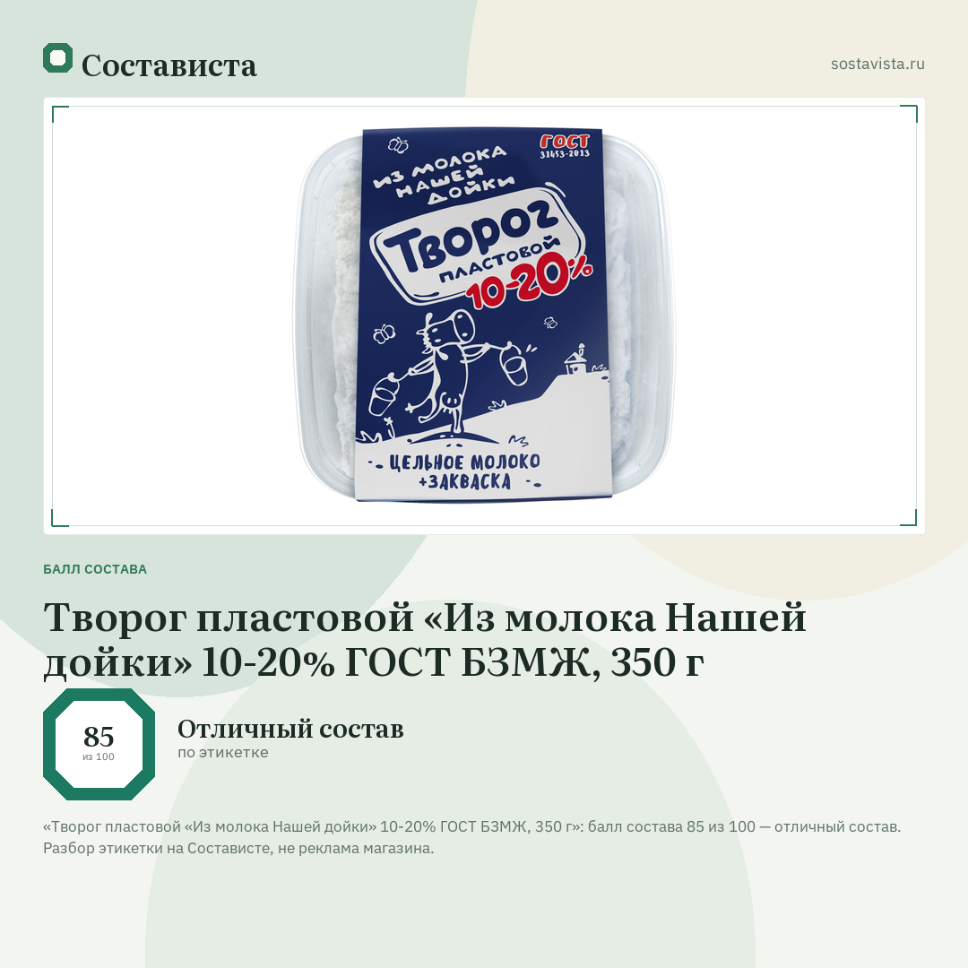 Творог пластовой «Из молока Нашей дойки» 10-20% ГОСТ БЗМЖ, 350 г: балл состава 85 из 100 — Состависта