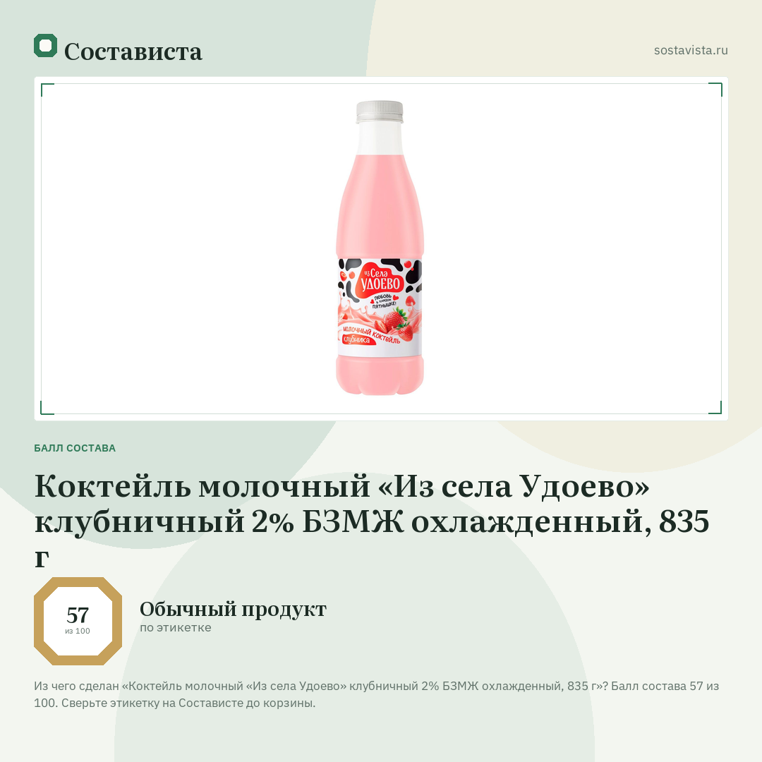 Коктейль молочный «Из села Удоево» клубничный 2% БЗМЖ охлажденный, 835 г: балл состава 57 из 100 — Состависта