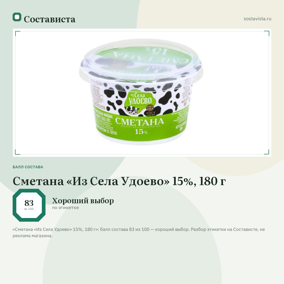 Сметана «Из Села Удоево» 15%, 180 г: балл состава 83 из 100 — Состависта