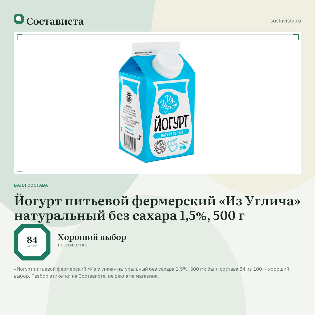 Йогурт питьевой фермерский «Из Углича» натуральный без сахара 1,5%, 500 г: балл состава 84 из 100 — Состависта