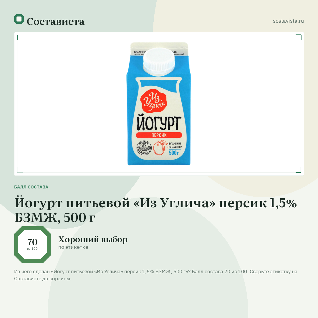 Йогурт питьевой «Из Углича» персик 1,5% БЗМЖ, 500 г: балл состава 70 из 100 — Состависта