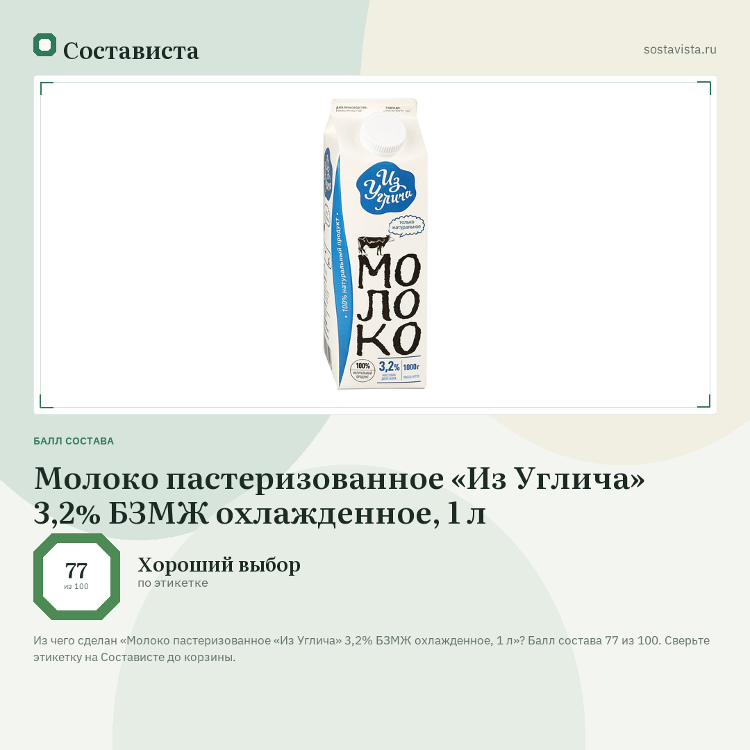 Молоко пастеризованное «Из Углича» 3,2% БЗМЖ охлажденное, 1 л: балл состава 77 из 100 — Состависта