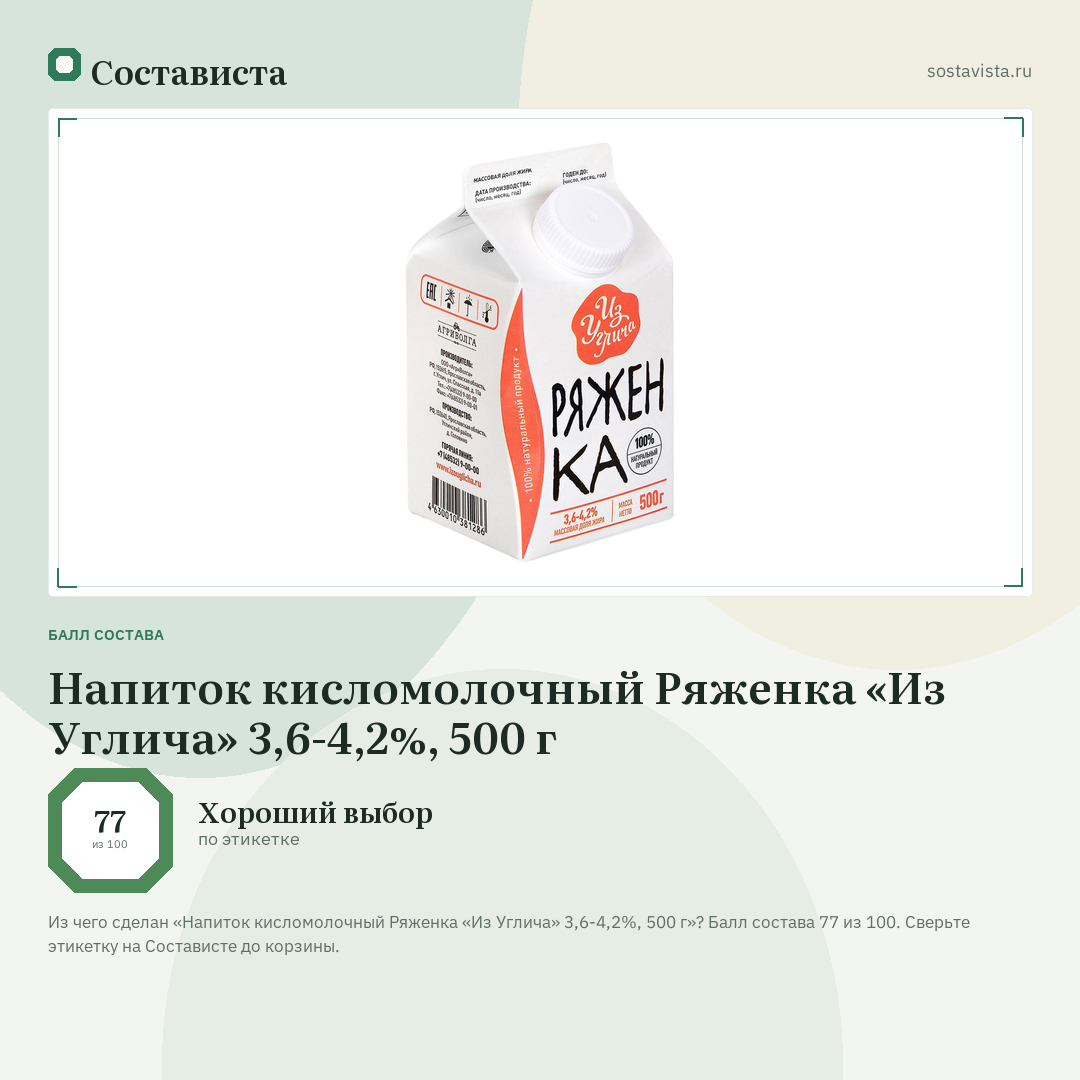 Напиток кисломолочный Ряженка «Из Углича» 3,6-4,2%, 500 г: балл состава 77 из 100 — Состависта