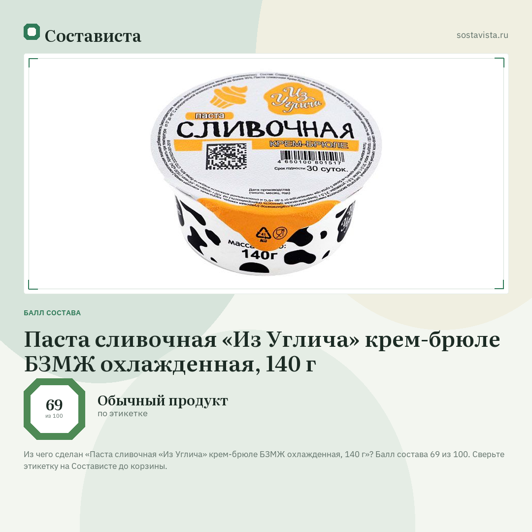 Паста сливочная «Из Углича» крем-брюле БЗМЖ охлажденная, 140 г: балл состава 69 из 100 — Состависта