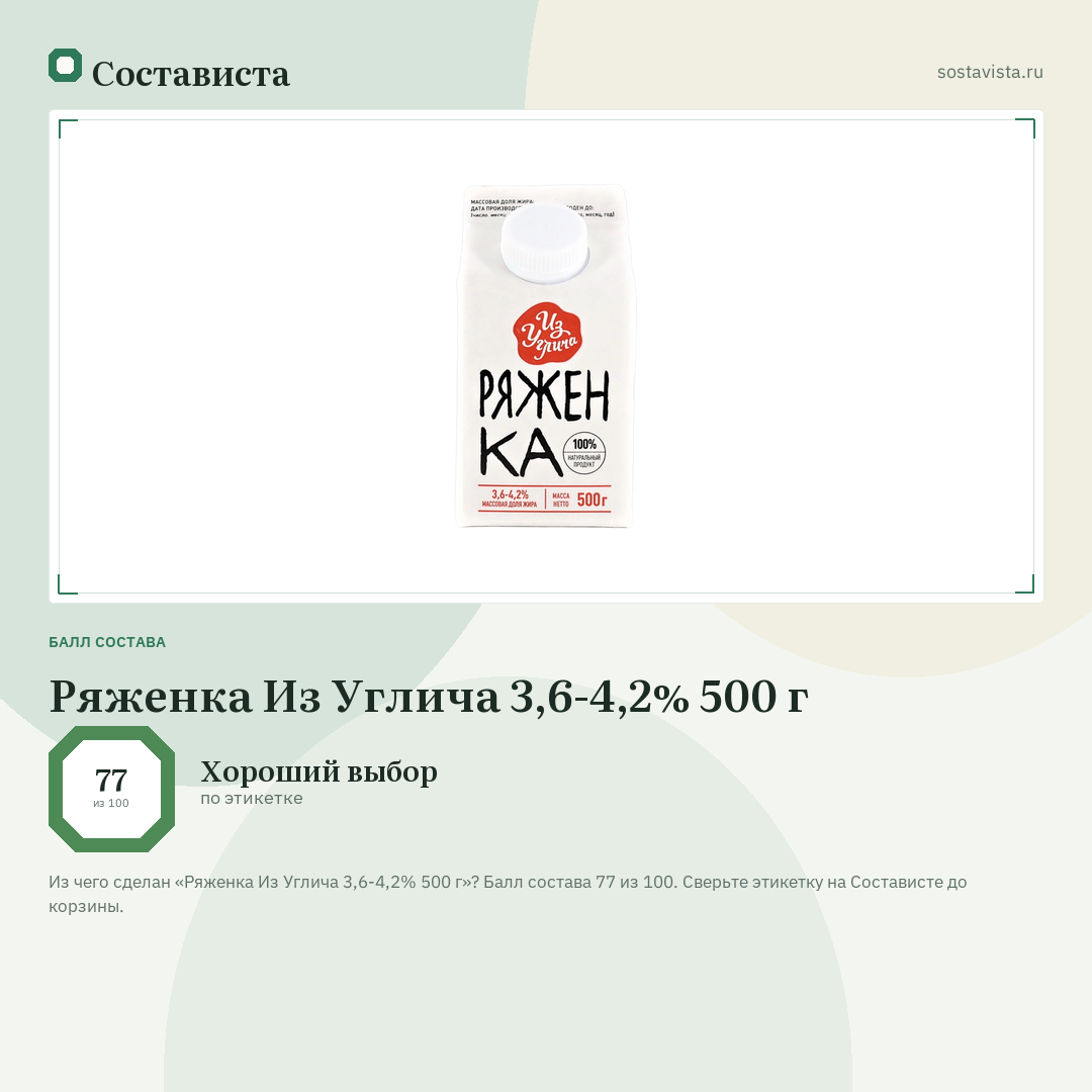 Ряженка Из Углича 3,6-4,2% 500 г: балл состава 77 из 100 — Состависта