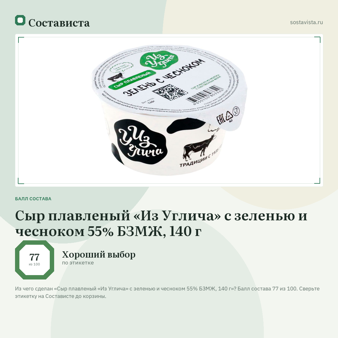 Сыр плавленый «Из Углича» с зеленью и чесноком 55% БЗМЖ, 140 г: балл состава 77 из 100 — Состависта