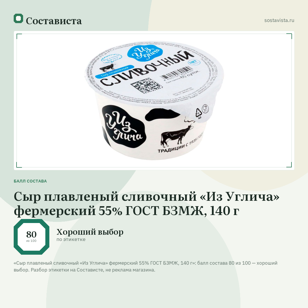 Сыр плавленый сливочный «Из Углича» фермерский 55% ГОСТ БЗМЖ, 140 г: балл состава 80 из 100 — Состависта