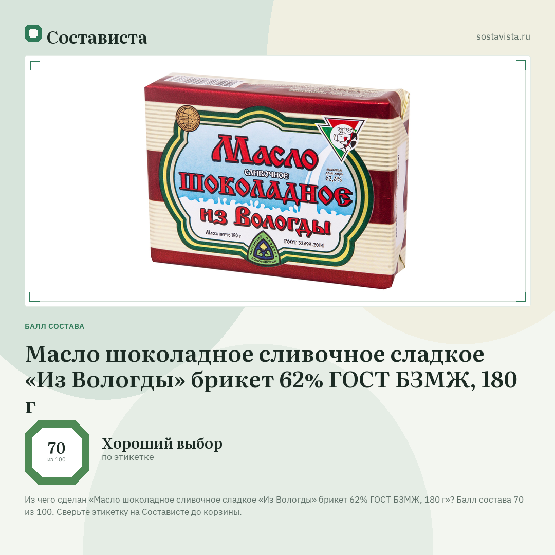 Масло шоколадное сливочное сладкое «Из Вологды» брикет 62% ГОСТ БЗМЖ, 180 г: балл состава 70 из 100 — Состависта