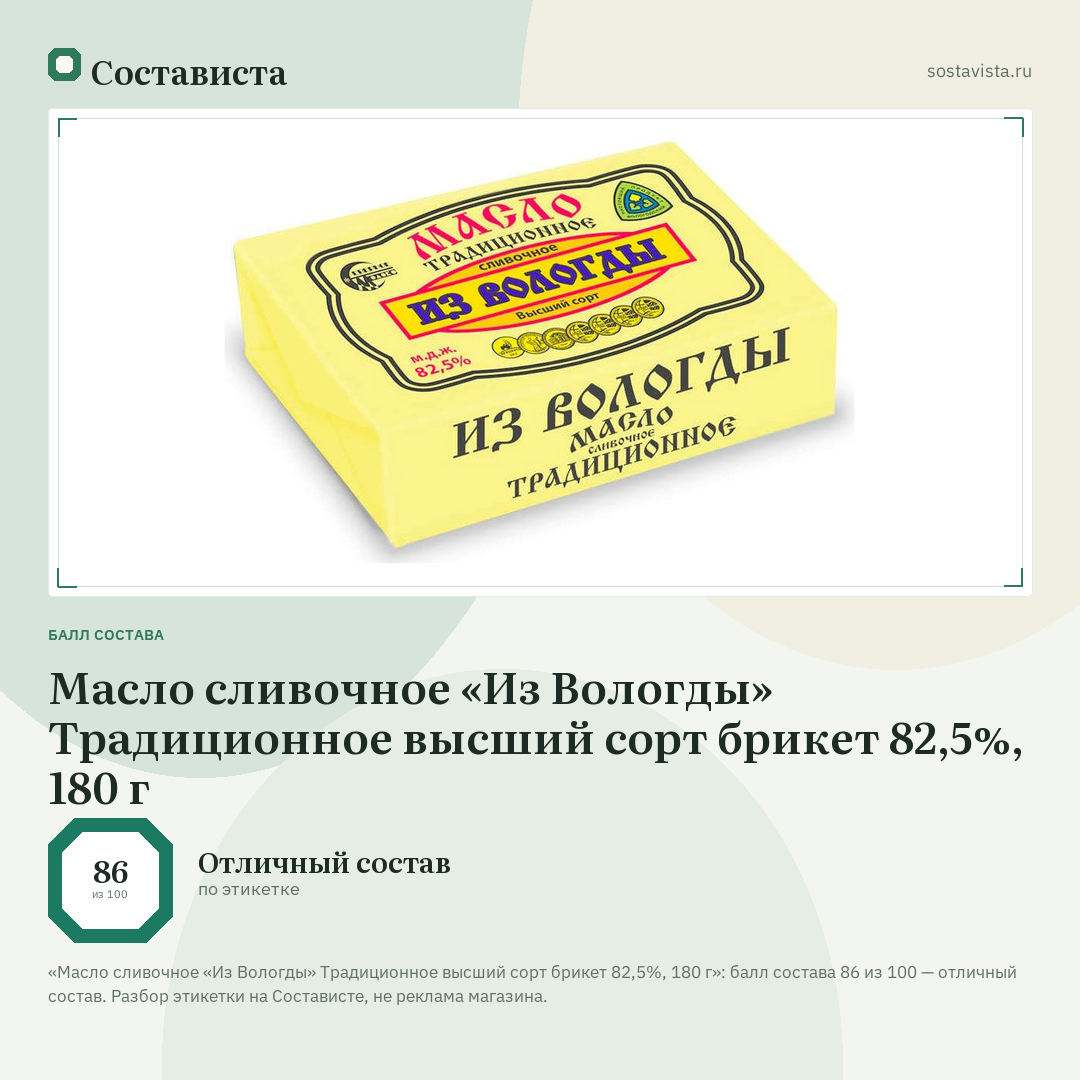 Масло сливочное «Из Вологды» Традиционное высший сорт брикет 82,5%, 180 г: балл состава 86 из 100 — Состависта
