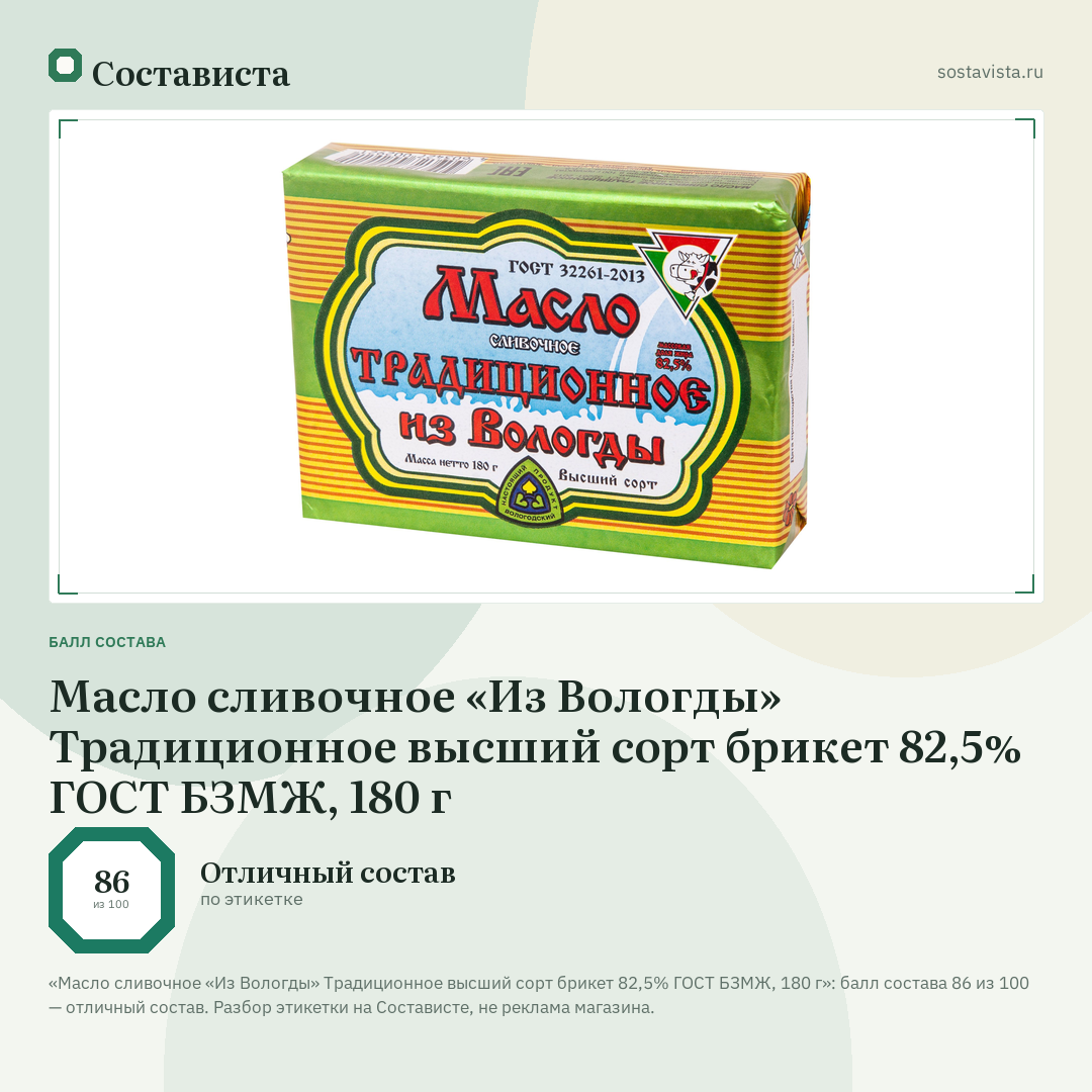 Масло сливочное «Из Вологды» Традиционное высший сорт брикет 82,5% ГОСТ БЗМЖ, 180 г: балл состава 86 из 100 — Состависта