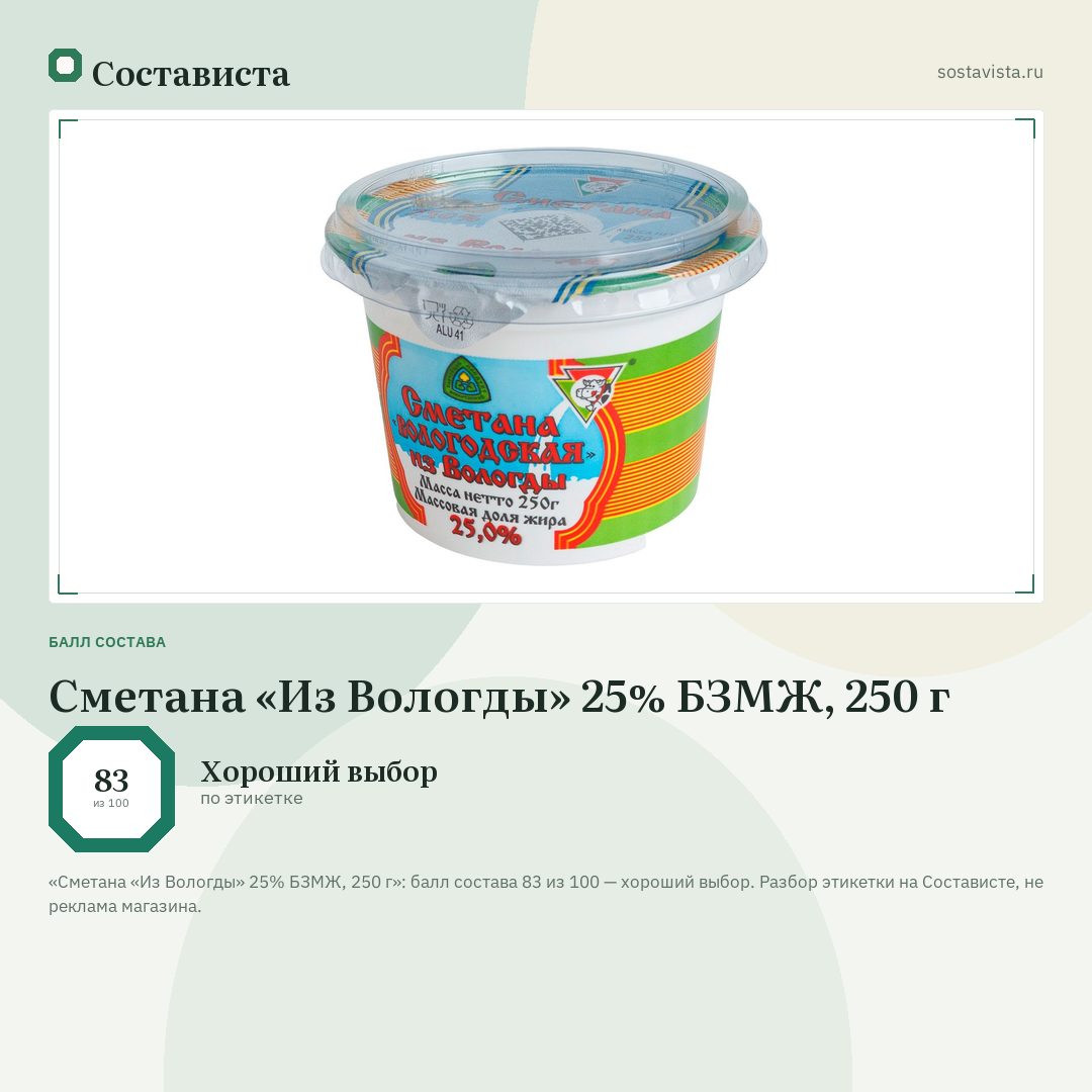 Сметана «Из Вологды» 25% БЗМЖ, 250 г: балл состава 83 из 100 — Состависта