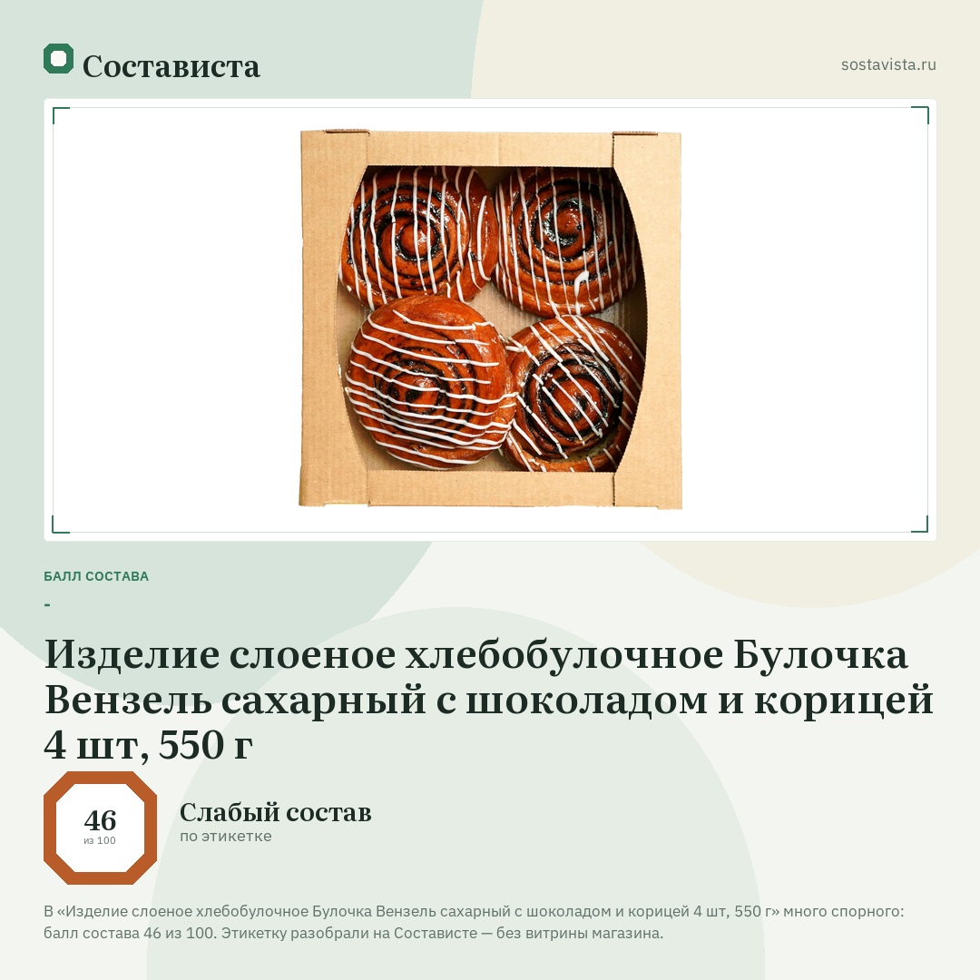 Изделие слоеное хлебобулочное Булочка Вензель сахарный с шоколадом и корицей 4 шт, 550 г: балл состава 46 из 100 — Состависта