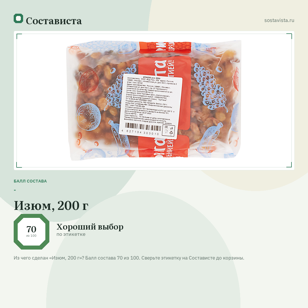 Изюм, 200 г: балл состава 70 из 100 — Состависта