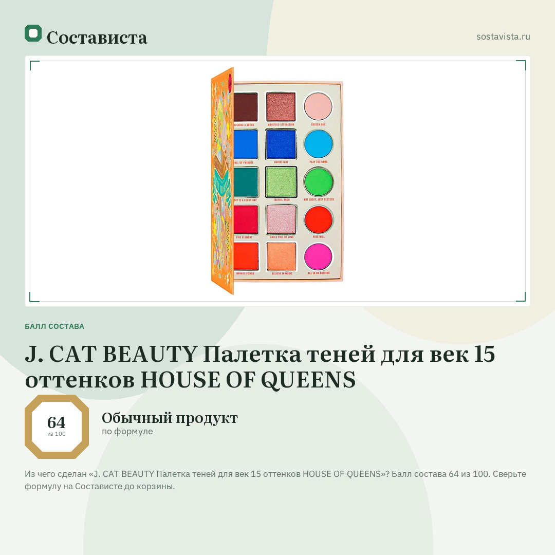 J. CAT BEAUTY Палетка теней для век 15 оттенков HOUSE OF QUEENS: балл состава 64 из 100 — Состависта