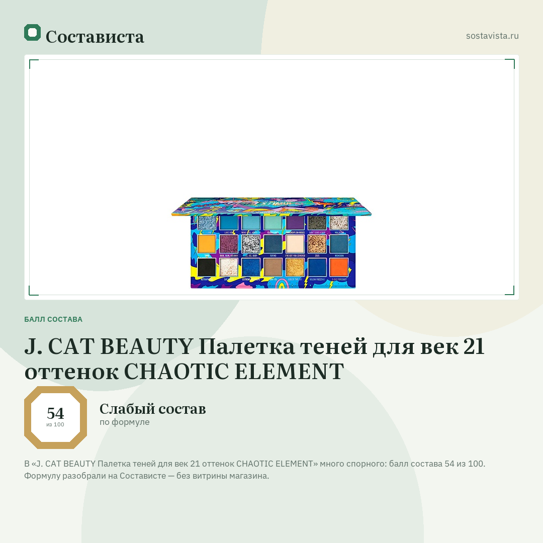 J. CAT BEAUTY Палетка теней для век 21 оттенок CHAOTIC ELEMENT: балл состава 54 из 100 — Состависта