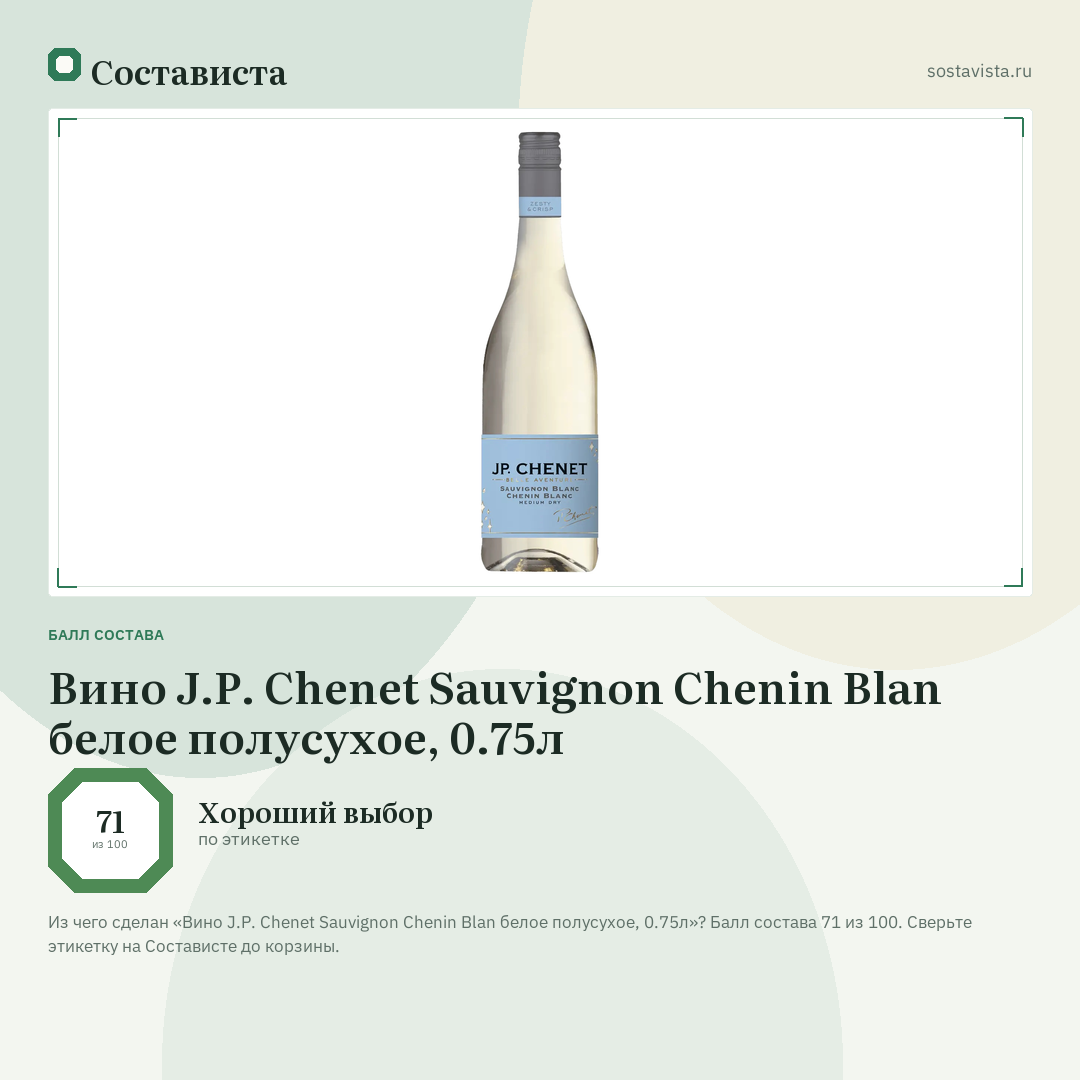 Вино J.P. Chenet Sauvignon Chenin Blan белое полусухое, 0.75л: балл состава 71 из 100 — Состависта