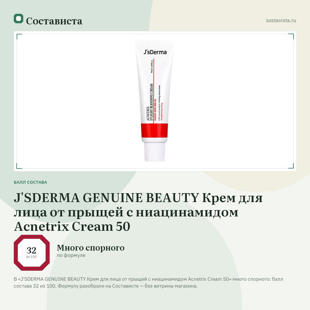 J'SDERMA GENUINE BEAUTY Крем для лица от прыщей с ниацинамидом Acnetrix Cream 50: балл состава 32 из 100 — Состависта
