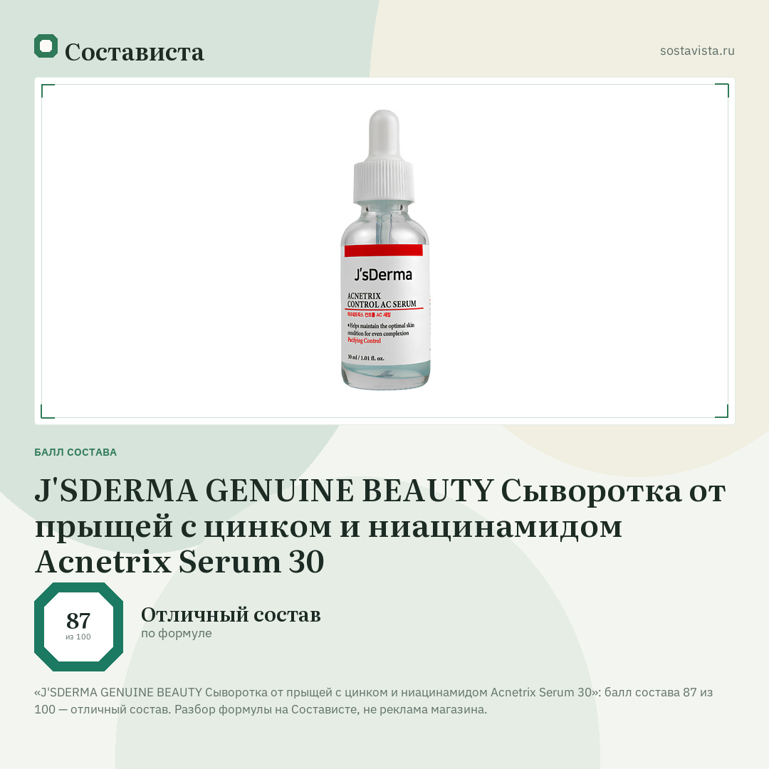 J'SDERMA GENUINE BEAUTY Сыворотка от прыщей с цинком и ниацинамидом Acnetrix Serum 30: балл состава 87 из 100 — Состависта