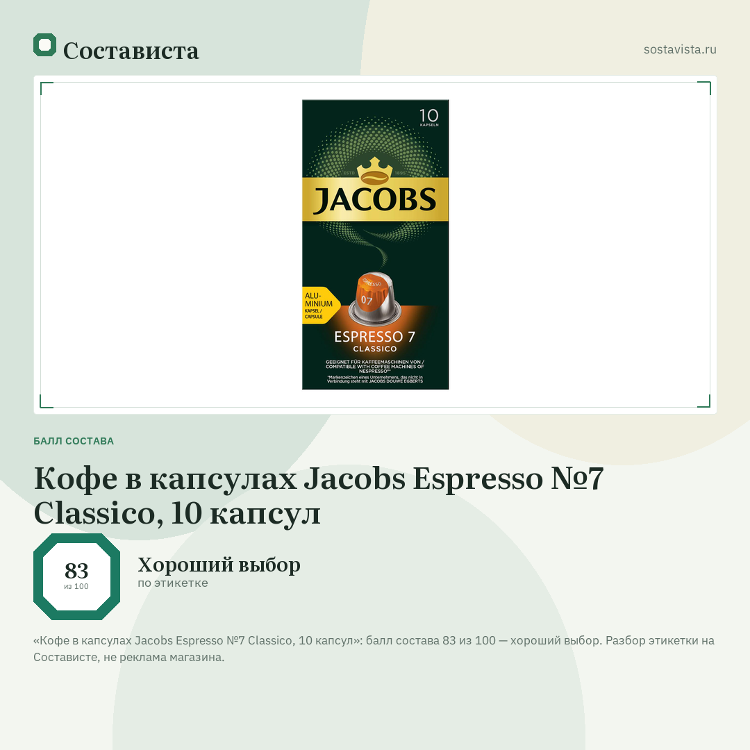 Кофе в капсулах Jacobs Espresso №7 Classico, 10 капсул: балл состава 83 из 100 — Состависта
