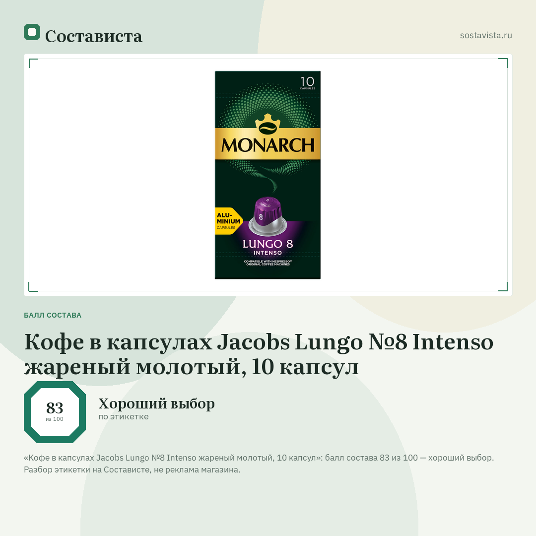 Кофе в капсулах Jacobs Lungo №8 Intenso жареный молотый, 10 капсул: балл состава 83 из 100 — Состависта