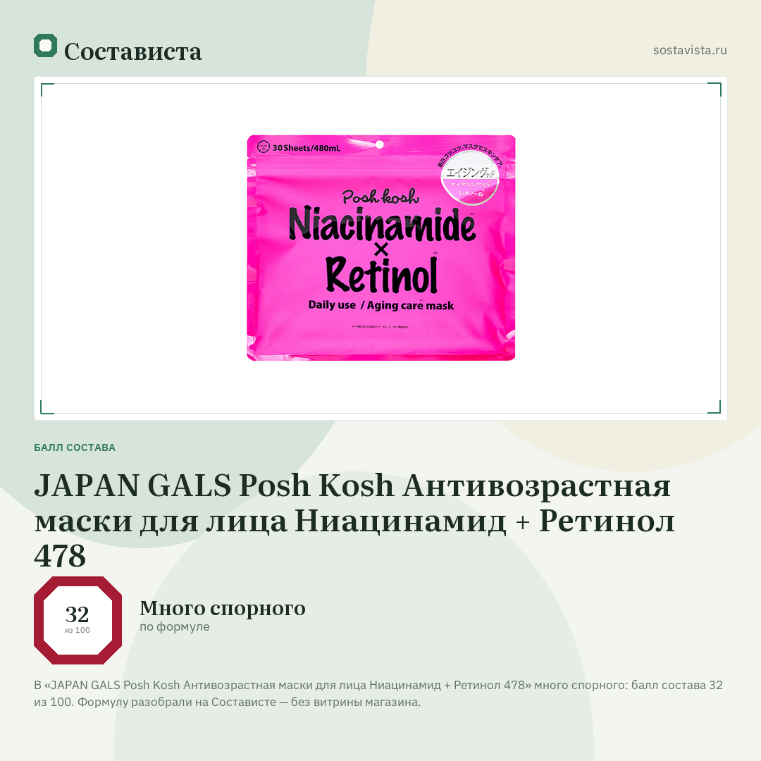 JAPAN GALS Posh Kosh Антивозрастная маски для лица Ниацинамид + Ретинол 478: балл состава 32 из 100 — Состависта